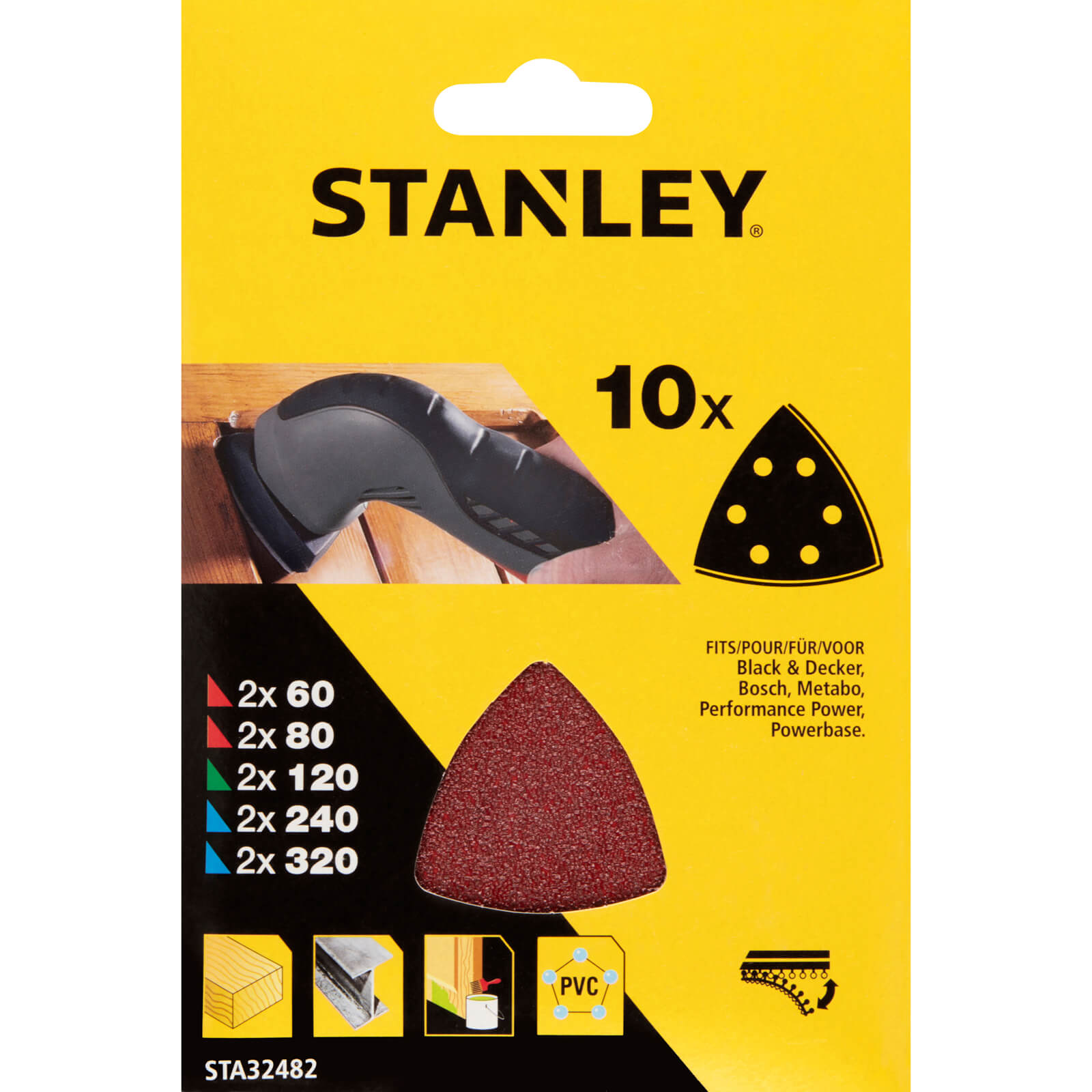 Stanley Punched Hook and Loop Detail Sander Sheets 93mm x 93mm Assorted Pack of 10