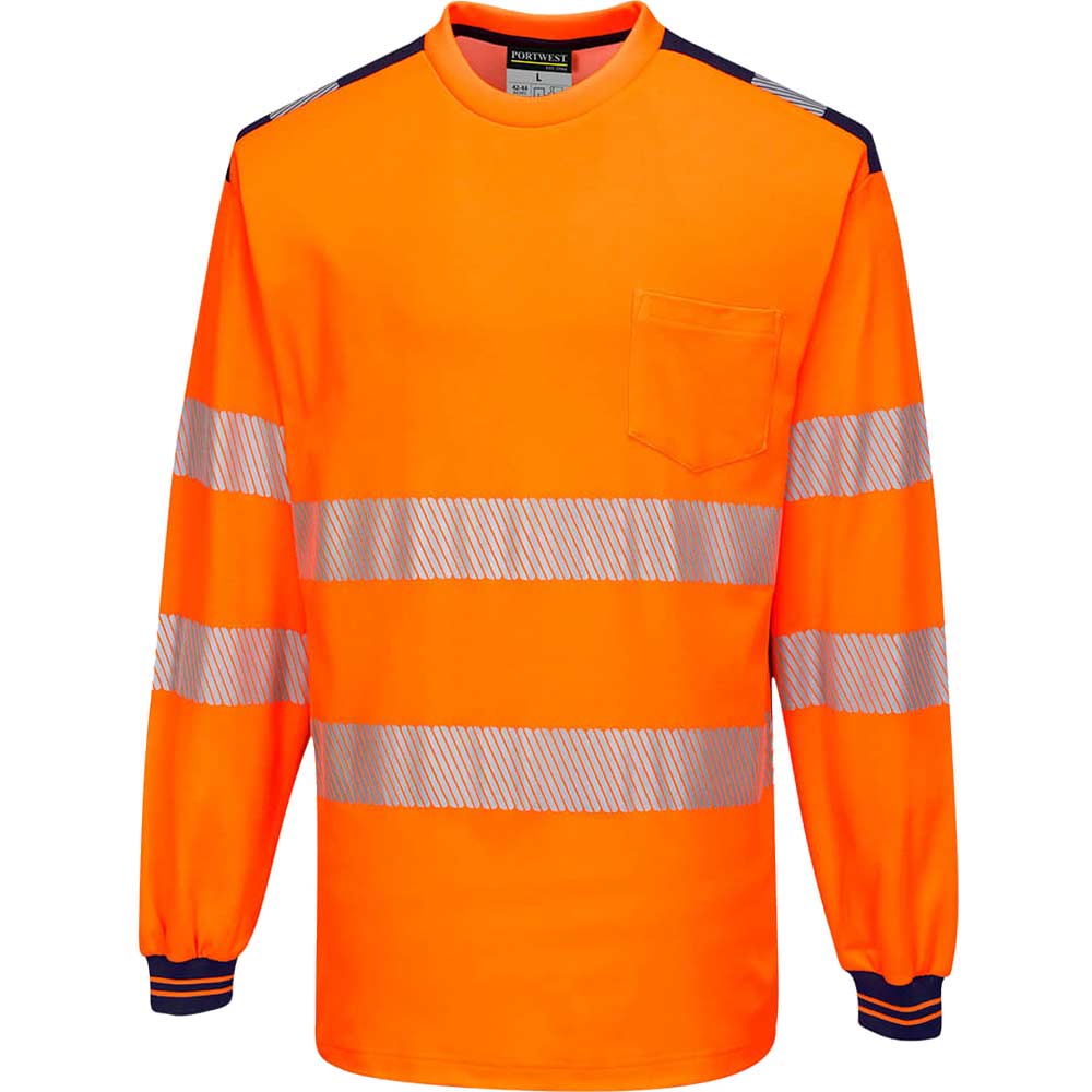 Image of Portwest PW3 Hi Vis Cotton Comfort Long Sleeve T Shirt Orange / Navy 5XL
