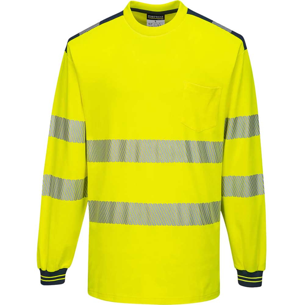Image of Portwest PW3 Hi Vis Cotton Comfort Long Sleeve T Shirt Yellow / Navy 4XL
