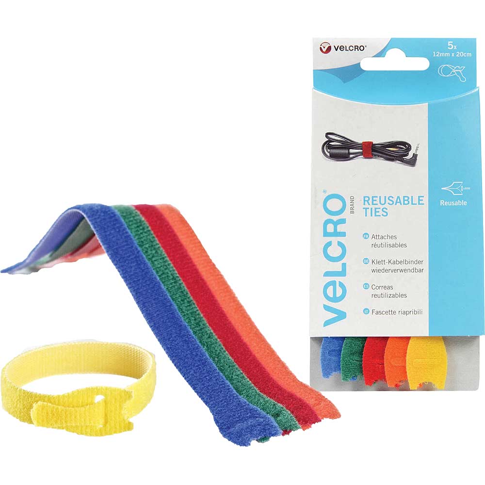 Image of Velcro Adjustable Ties Multicoloured 12mm 200mm Pack of 5