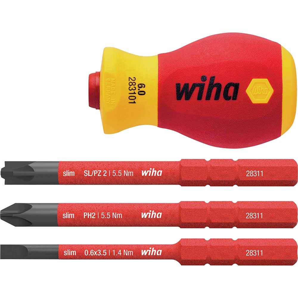 Image of Wiha 4 Piece VDE Softfinish Slimvario Stubby Screwdriver Set