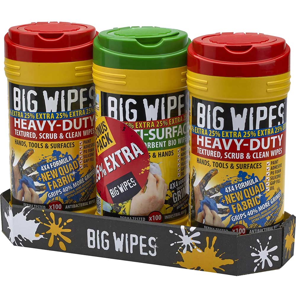 Image of Big Wipes 3 Pack Scrub and Clean Antibacterial Heavy Duty Hand Wipes 25% Extra Free