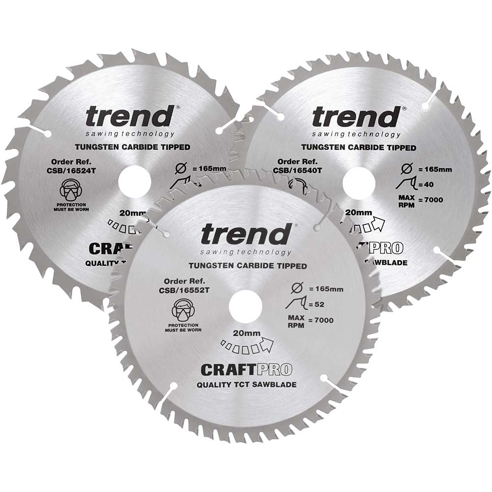Photo of Trend Craftpro 3 Piece 165mm Circular Saw Blade Set 165mm Assorted Teeth 20mm