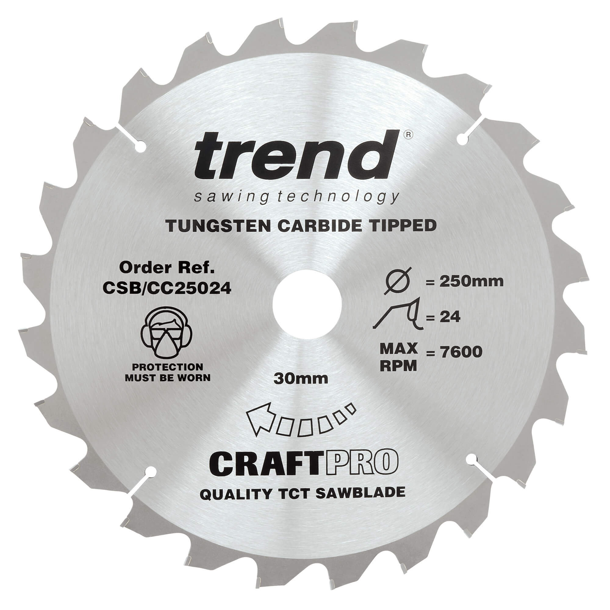 Trend CRAFTPRO Wood Cutting Mitre Saw Blade 250mm 24T 30mm