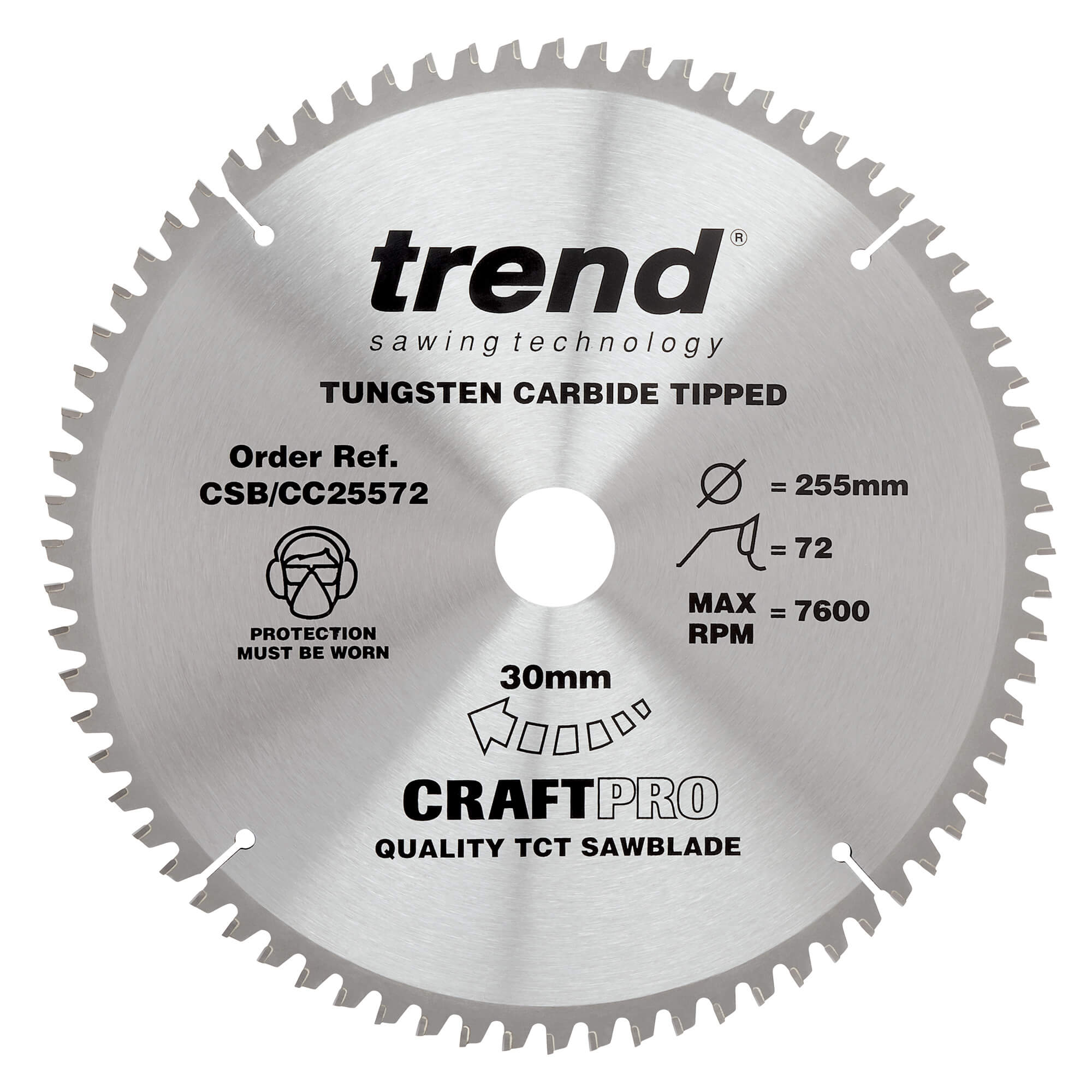 Trend CRAFTPRO Wood Cutting Mitre Saw Blade 255mm 72T 30mm