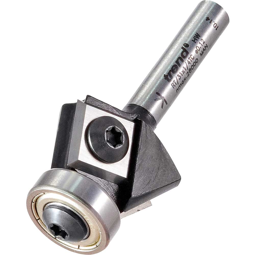 Photo of Trend Rotatip Bevel Trimmer Bearing Guided Router Cutter 24mm 12mm 1/4