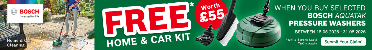 Claim Your Free Bosch Home & Car Kit Free Bosch Home & Car Cleaning Kit With Selected Aquatak Pressure Washers
