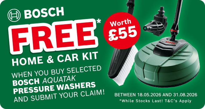 Free Bosch Home & Car Kit with Selected Bosch Aquatak Pressure Washers