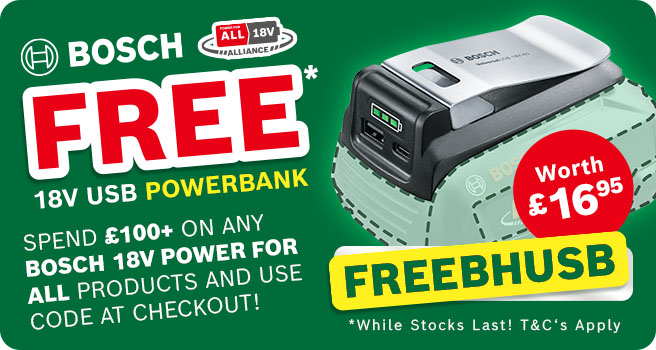 Free Bosch 18v USB Powerbank Battery Adaptor - Spend £100+ on Any 18v Power For All Product and Use Voucher Code FREEBHUSB At Checkout