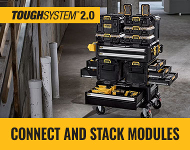 DEWALT ToughSystem 2.0 DXL modules connected and stacked via auto-connect front latches