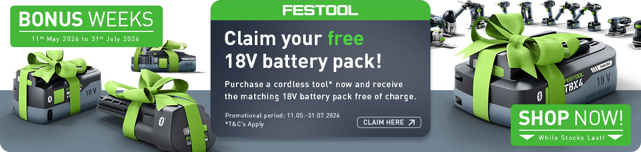 Festool free 18V battery pack promotion – buy a cordless tool and get the matching battery free, while stocks last.
