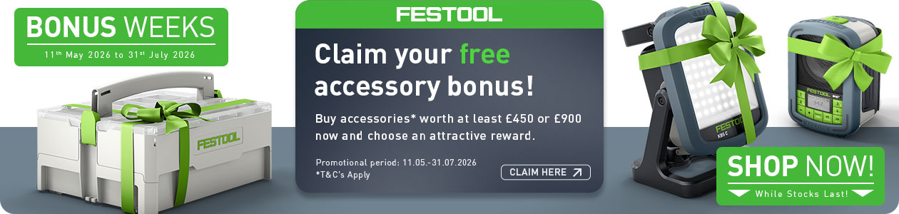 Festool free gift with accessories promotion – spend £450 or £900 on qualifying Festool accessories and claim a free bonus, while stocks last.
