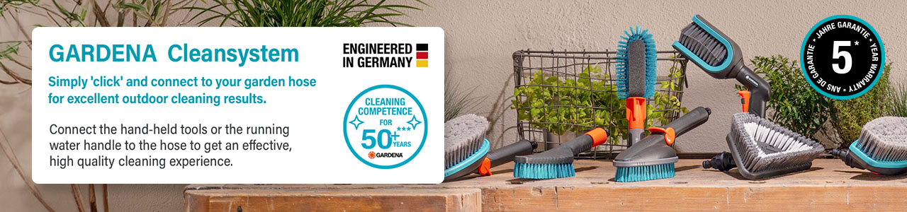 Gardena CleanSystem
Simply 'click' and connect to
your garden hose for excellent
outdoor cleaning results. Gardena CleanSystem Range
