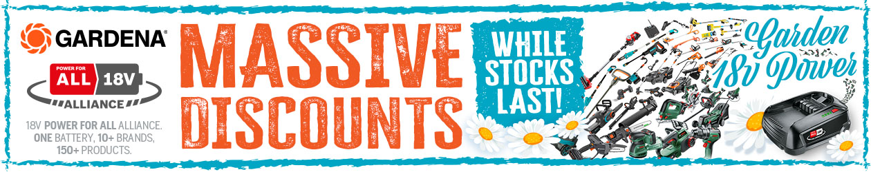 Promotional banner showing a spread of Gardena 18V cordless garden tools with massive discounts while stocks last