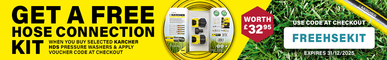 Free Karcher Hose Connection Kit 
Use Voucher Code 
FREEHSEKIT 
At Checkout Karcher Professional Free Hose Connection Kit HDS Pressure Washer