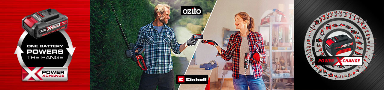 Power X-Change battery platform is shared by
cordless tools from Ozito and Einhell. Ozito Einhell Power X-Change interchangeable 18v Cordless Tool Range