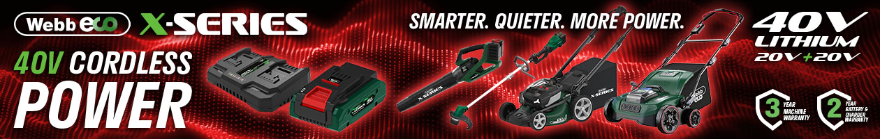 Webb Eco 40V X-Series cordless garden tools range with shared 2 x 20V battery system
