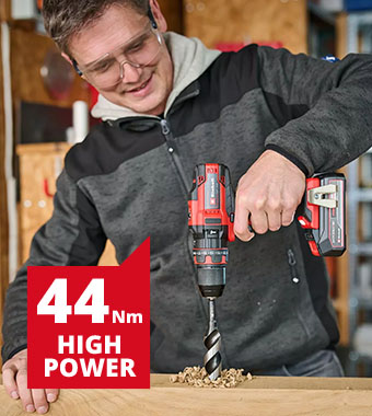 Rugged 2-speed transmission delivering
up to 44 Nm of torque is suitable for
powerful drilling and screwing tasks. Einhell TE-CD 18/44 Li 18v Cordless 13mm metal chuck Combi Drill 44Nm Torque drilling screwing