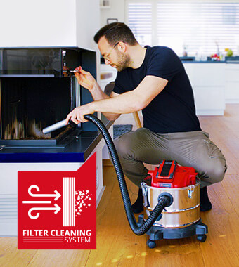 With filter cleaning system
for restoring the suction power. Einhell TE-AV-18-15-Li 18v Cordless Ash Vacuum Cleaner fine dust suction Metal-reinforced Stainless Steel blowing function