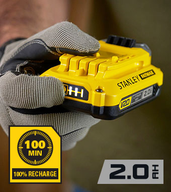 The included charger will
fully recharge the battery
in 1 hour and 40 minutes. Stanley FatMax V20 18v 2ah Battery with Charger Starter Kit SFMCB10D1