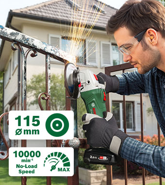 Bosch PWS 18V-70 Cordless Angle Grinder – 115mm Disc, 10,000rpm Max Speed Man cutting metal railings with the Bosch PWS 18V-70 cordless angle grinder, with 115mm disc, 10,000rpm max no-load speed and 3-year MyBosch warranty