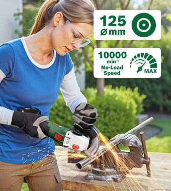Bosch PWS 18V-70 Cordless Angle Grinder – 125mm Disc, 10,000rpm Max Speed Woman cutting metal pipe with the Bosch PWS 18V-70 cordless angle grinder, with 125mm disc, 10,000rpm max no-load speed and 3-year MyBosch warranty