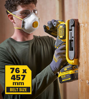 Sanding Belt Size:
76mm x 457mm Stanley FatMax V20 18v Cordless Belt Sander Variable speed SFMCW223