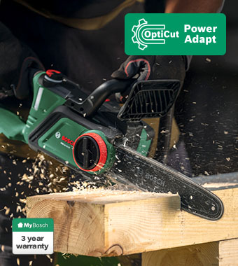 OptiCut technology monitors cutting conditions to
detect potential stalling, automatically reducing
motor speed and increasing torque for consistent
results in hardwoods or knots. Bosch PKE 18V-30-28 P4A 18v Cordless High-torque Brushless OptiCut Chainsaw 300mm