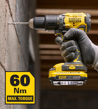 60Nm of torque for efficient drilling
and screwdriving into masonry,
wood, metal and plastic. Stanley FatMax V20 18v Cordless Torque 60Nm Combi Drill dual-speed SFMCD715