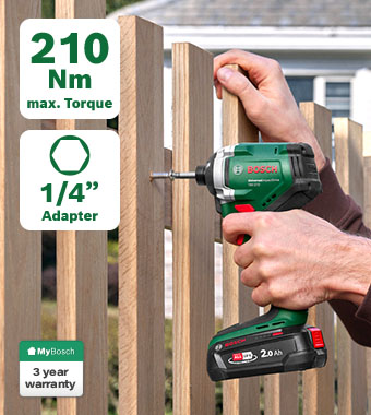 Bosch UniversalImpactDrive 18V-210 18V Cordless Impact Driver – 210Nm Torque, 1/4 Inch Adapter, 3 Year Warranty Bosch UniversalImpactDrive 18V-210 cordless impact driver driving screws into timber fence – 210Nm max torque, 1/4 inch adapter, 3 year MyBosch warranty