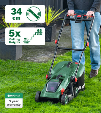 Bosch ROTAK 18V-34 18V Cordless Brushless Lawnmower 340mm – 34cm Cut, 5 Cutting Heights, 3 Year Warranty Bosch ROTAK 18V-34 18V cordless lawnmower in use on a garden lawn – 34cm cutting width, 5 cutting heights 25-65mm, 3 year MyBosch warranty