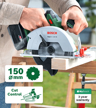Bosch EasyCirc 18V-48 18V Cordless Circular Saw – 150mm Blade, CutControl, 48mm Depth, 3 Year Warranty Bosch EasyCirc 18V-48 18V cordless circular saw in use – 150mm blade, CutControl line guide, 48mm cutting depth, 3 year MyBosch warranty