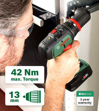 Bosch AdvancedDrill P4A 18V Cordless Drill Driver Bosch AdvancedDrill P4A 18V cordless drill driver, 42Nm torque, 13mm chuck, 3-year warranty