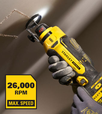 Fast no-load speed of
26000 RPM for cleaner cuts. Stanley FatMax V20 18v Cordless Drywall Cutout Tool speed SFMCE200