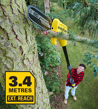 Up to 3.4m of extended reach Stanley FatMax V20 18v Cordless Pole Saw extended reach SFMCPS620