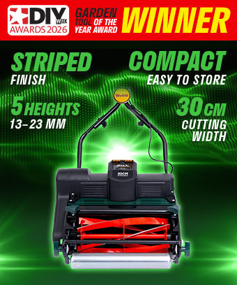 Webb Eco WEV2012R 20V Cordless Cylinder Lawnmower – 30cm, striped finish Webb Eco WEV2012R 20V cordless cylinder lawnmower, DIY Week Awards 2026 winner, with 30cm cutting width and 5 cutting heights from 13-23mm
