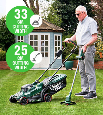 Webb Eco WEV20LM33LT25B4 20v Cordless Duo Twin Pack Lawnmower brushless motor and Grass Trimmer lightweight