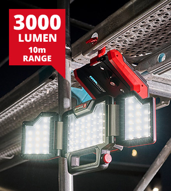 Maximum Brightness: 3000 Lumens
Maximum Range: 10 metres Einhell Professional TP-CL 18/3000 Li Cordless Work Light Adjustable