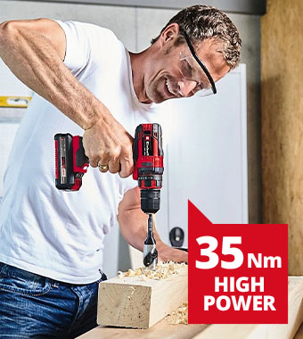 Man drilling into timber with the Einhell TC-CD 18/35 Li 18V cordless drill driver, with 35Nm high power torque