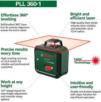 Bosch PLL 360-1 360 Degree Single Line Laser Level – Self-Levelling, 12m Range, 0.4mm Accuracy, 1/4 Inch Tripod Mount Bosch PLL 360-1 360 degree single line laser level features diagram – effortless 360 degree self-levelling, 12m radius visibility, 0.4mm per metre accuracy, 1/4 inch tripod mount, one-button operation with slope function