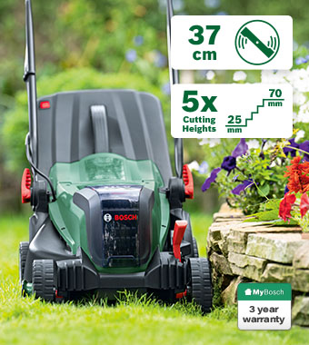 Bosch UniversalRotak 2x18V-37-550 36V Cordless Brushless Lawnmower 370mm – 37cm Cut, 5 Heights 25-70mm, Bag-Full Indicator, 3 Year Warranty Bosch UniversalRotak 2x18V-37-550 36V cordless lawnmower in a garden – 37cm cutting width, 5 cutting heights 25-70mm, ErgoFlex handles, integrated bag-full indicator, 3 year MyBosch warranty