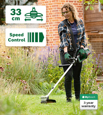 Bosch AdvancedGrassCut 36V-33 36V cordless grass trimmer – 33cm cut, speed control, Pro Tap, plant protector, 3 year warranty