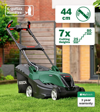 Bosch AdvancedRotak 36V-44-750 36V Cordless Brushless Lawnmower 440mm – 44cm Cut, 7 Heights 25-80mm, ErgoFlex Handles, 50L Bag, 3 Year Warranty Bosch AdvancedRotak 36V-44-750 36V cordless lawnmower in a garden – 44cm cutting width, 7 cutting heights 25-80mm, ErgoFlex handles, 50 litre collapsible bag with full indicator, 3 year MyBosch warranty