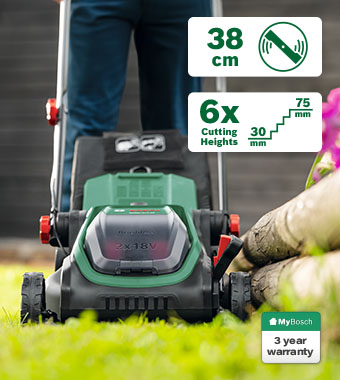 Bosch ROTAK 18V2-38 36V Cordless Brushless Lawnmower 380mm – 38cm Cut, 6 Cutting Heights 30-75mm, 3 Year Warranty Bosch ROTAK 18V2-38 36V cordless lawnmower in use on a garden lawn – 38cm cutting width, 6 cutting heights 30-75mm, 2x18V battery system, 3 year MyBosch warranty