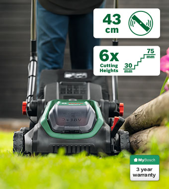 Bosch ROTAK 18V2-43 36V Cordless Brushless Lawnmower 430mm – 43cm Cut, 6 Cutting Heights 30-75mm, 3 Year Warranty Bosch ROTAK 18V2-43 36V cordless lawnmower in use on a garden lawn – 43cm cutting width, 6 cutting heights 30-75mm, 2x18V battery system, 3 year MyBosch warranty