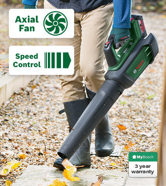 Bosch AdvancedLeafBlower 36V-750 36V Cordless Leaf Blower – Axial Fan, Speed Control, 3 Year MyBosch Warranty Bosch AdvancedLeafBlower 36V-750 36V cordless leaf blower in use clearing a garden path – axial fan, speed control, 3 year MyBosch warranty