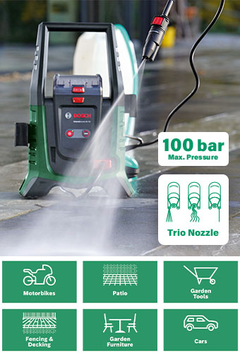 Bosch UniversalAquatak 36V-100 36V cordless pressure washer – 100 bar, Trio Nozzle, ECO and high pressure modes, cleans patios, cars, garden furniture, fencing and motorbikes