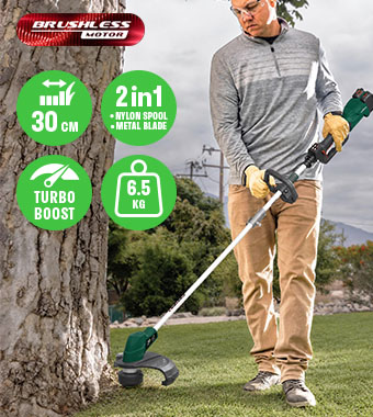 Webb X-Series WEV20X2BC 40V Brushless Line Trimmer & Brushcutter – 30cm, 2-in-1 Man using the Webb X-Series WEV20X2BC 40V brushless cordless line trimmer and brushcutter near a tree, showing 30cm cutting width, 2-in-1 nylon spool and metal blade, Turbo Boost and 6.5kg weight