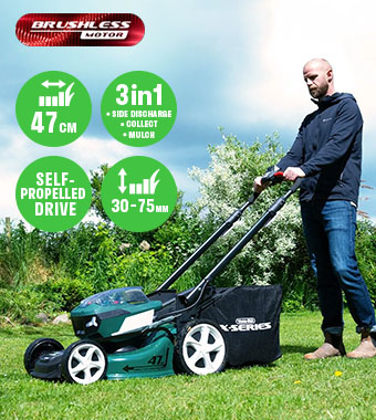 Webb X-Series WEV20X2LM47SPB 40V Brushless Cordless Self-Propelled Lawnmower in use – 47cm, 3-in-1 Man using the Webb X-Series WEV20X2LM47SPB 40V brushless cordless lawnmower on a lawn, showing 47cm cutting width, 3-in-1 collecting mulching & side discharge, and 30-75mm cutting heights