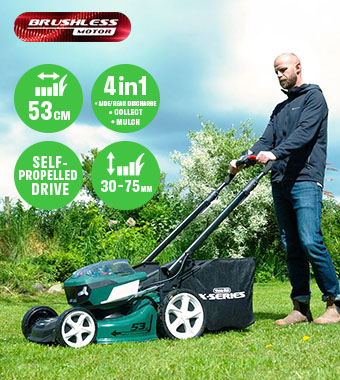 Webb X-Series WEV20X2LM53SP 40V Brushless Cordless Self-Propelled Lawnmower in use – 53cm, 4-in-1 Man using the Webb X-Series WEV20X2LM53SP 40V brushless cordless lawnmower on a lawn, showing 53cm cutting width, 4-in-1 collecting mulching & side/rear discharge, and 30-75mm cutting heights